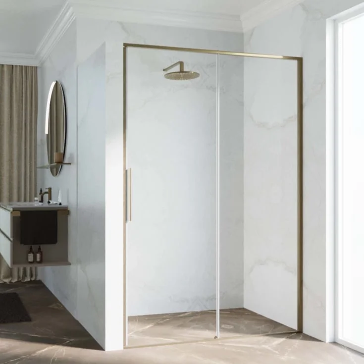 Novellini Riga 2P skyvedør høyre, 146-149 cm, klart glass, børstet bronse profil | RIG2P146D-1Q