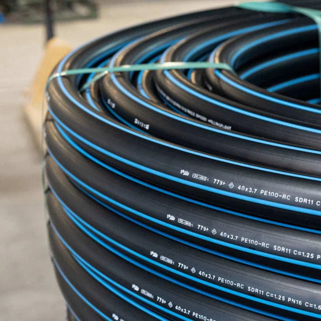 Hallingplast trykkrør PE100RC blå stripe, 50 mm, SDR11, kveil á 50 m | 2392804