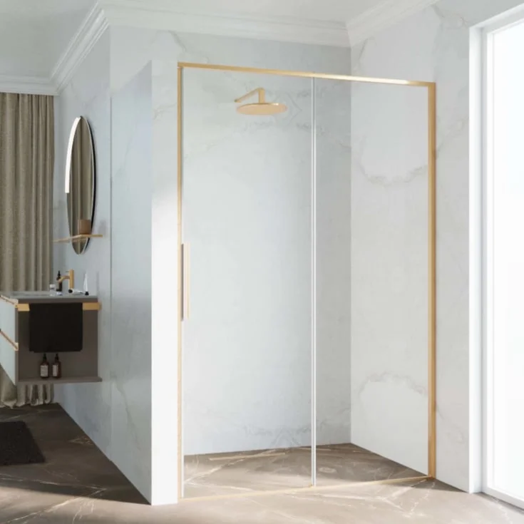 Novellini Riga 2P skyvedør venstre, 129-132 cm, klart glass, børstet messing profil | RIG2P129S-1P