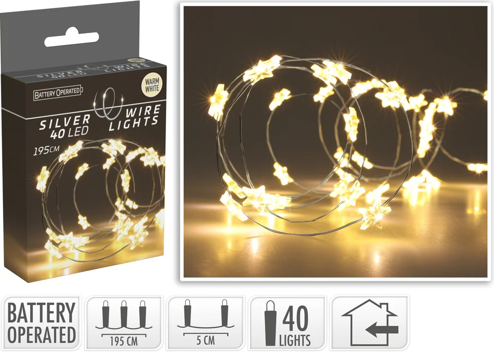 Lyslenke Silver Wire Star 40LED Varmhvit 19,5m v:7718610 Lyslenke Silver Wire Star 40LED Varmhvit 19,5m v:7718610