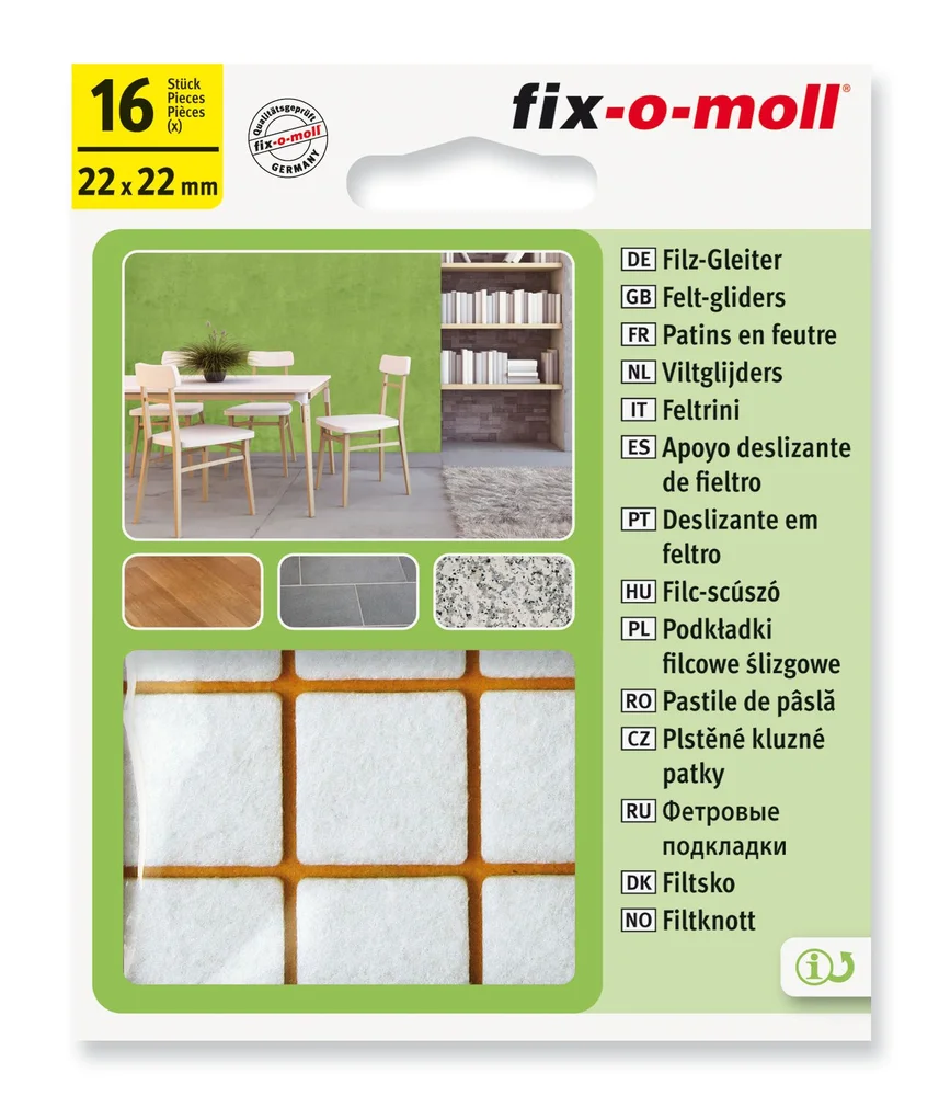 FILT TIL STOL&BORD 22X22MM HVIT F16STK FIX-O-MOL v:9258906