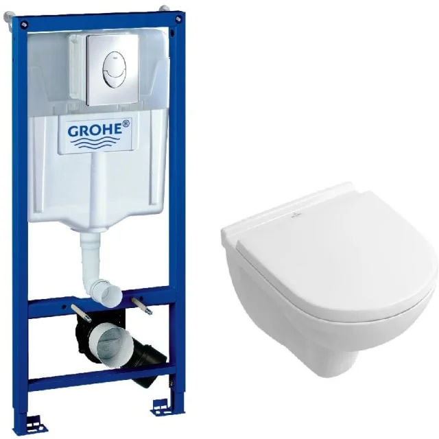 Komplett pakke m/GROHE sisterne, krom trykknapp, Villeroy , Boch O.Novo Compact vegghengt , Soft Close sete | KAMPAGNE1