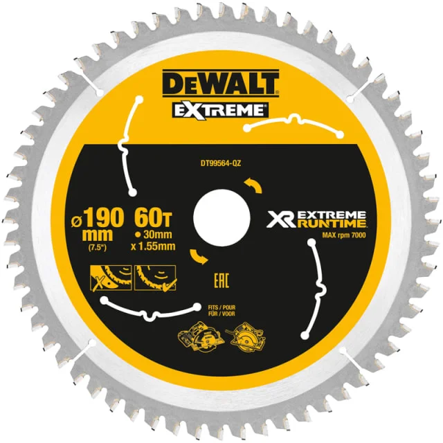 DeWalt Extreme sirkelsagklinge til akkusave, Ø190/30 mm, 60 tenner | 469422 DeWalt Extreme sirkelsagklinge til akkusave, Ø190/30 mm, 60 tenner | 469422